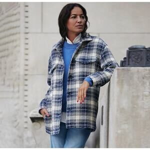 Outerknown Cloud Weave Shirt Jacket Womens Size L Blue Birch Optic Plaid Shacket